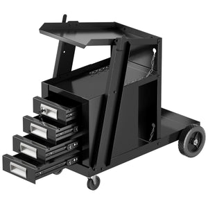 Carrello porta saldatrice con 4 cassetti ripiano per bombola e catene di sicurezza, Trolley in metallo Nero-Deposito utensili Tool