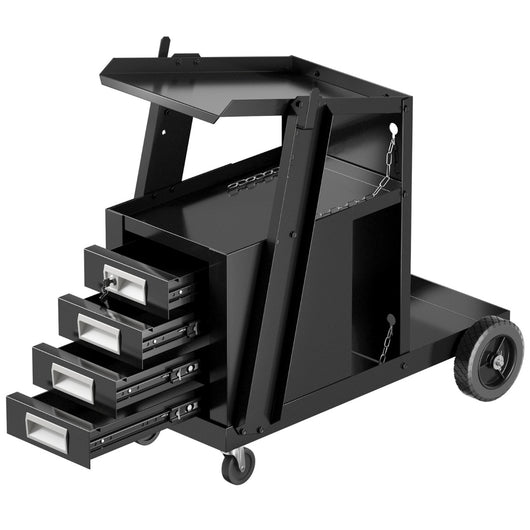 Carrello porta saldatrice con 4 cassetti ripiano per bombola e catene di sicurezza, Trolley in metallo Nero-Deposito utensili Tool