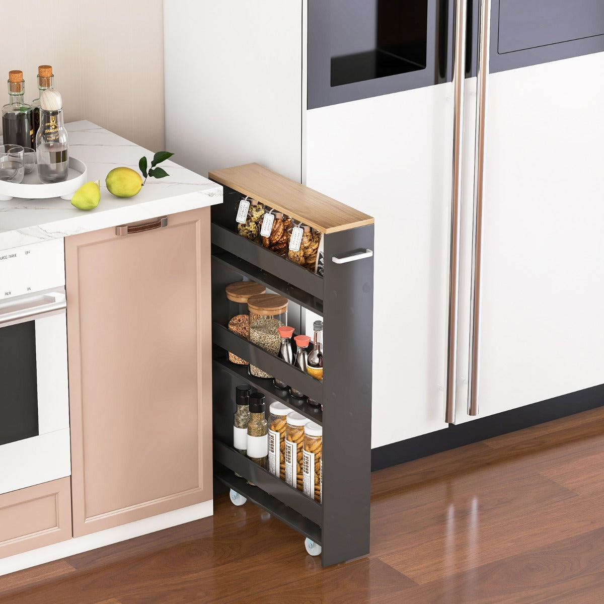 Carrello portaoggetti da cucina con maniglia ruote-Scaffale mobile salvaspazio con scaffali stretti Grigio