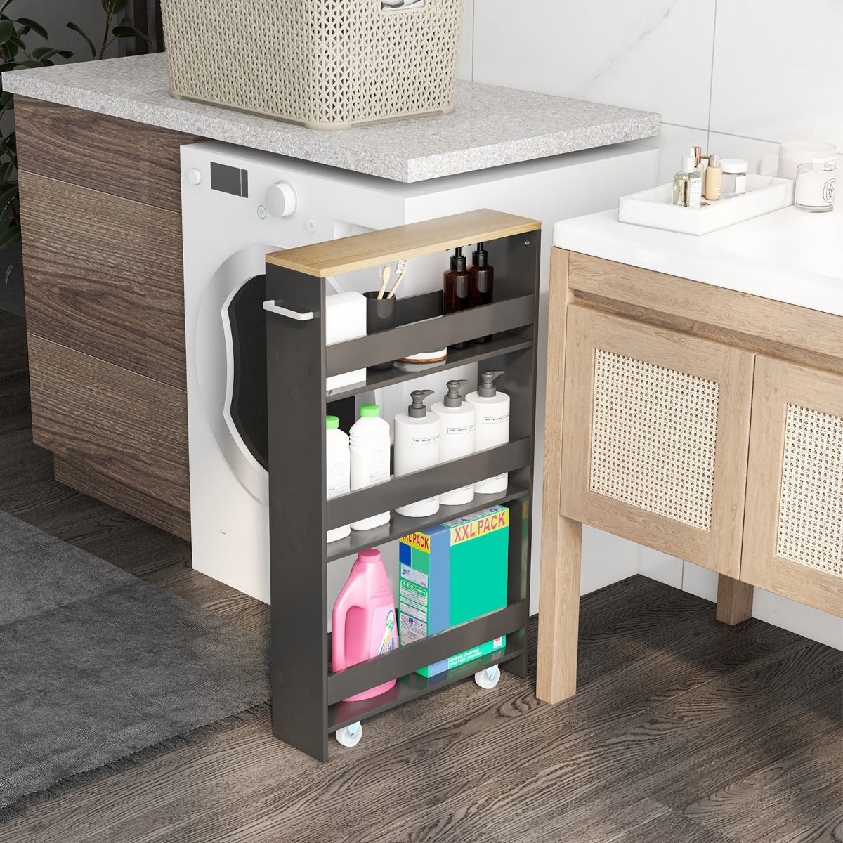 Carrello portaoggetti da cucina con maniglia ruote-Scaffale mobile salvaspazio con scaffali stretti Grigio