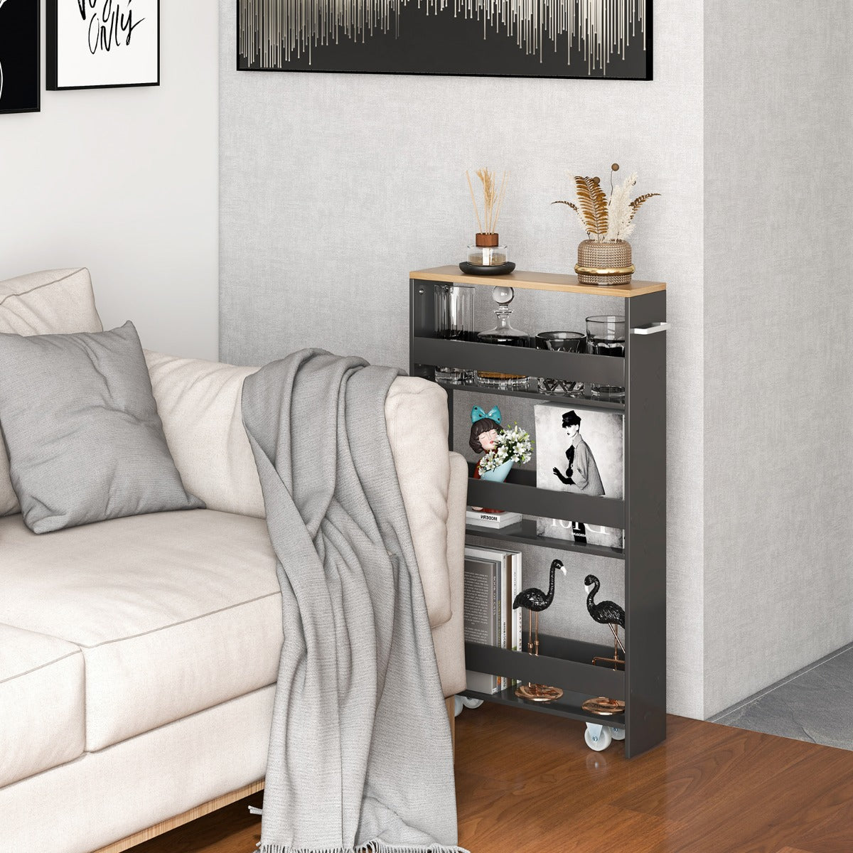 Carrello portaoggetti da cucina con maniglia ruote-Scaffale mobile salvaspazio con scaffali stretti Grigio