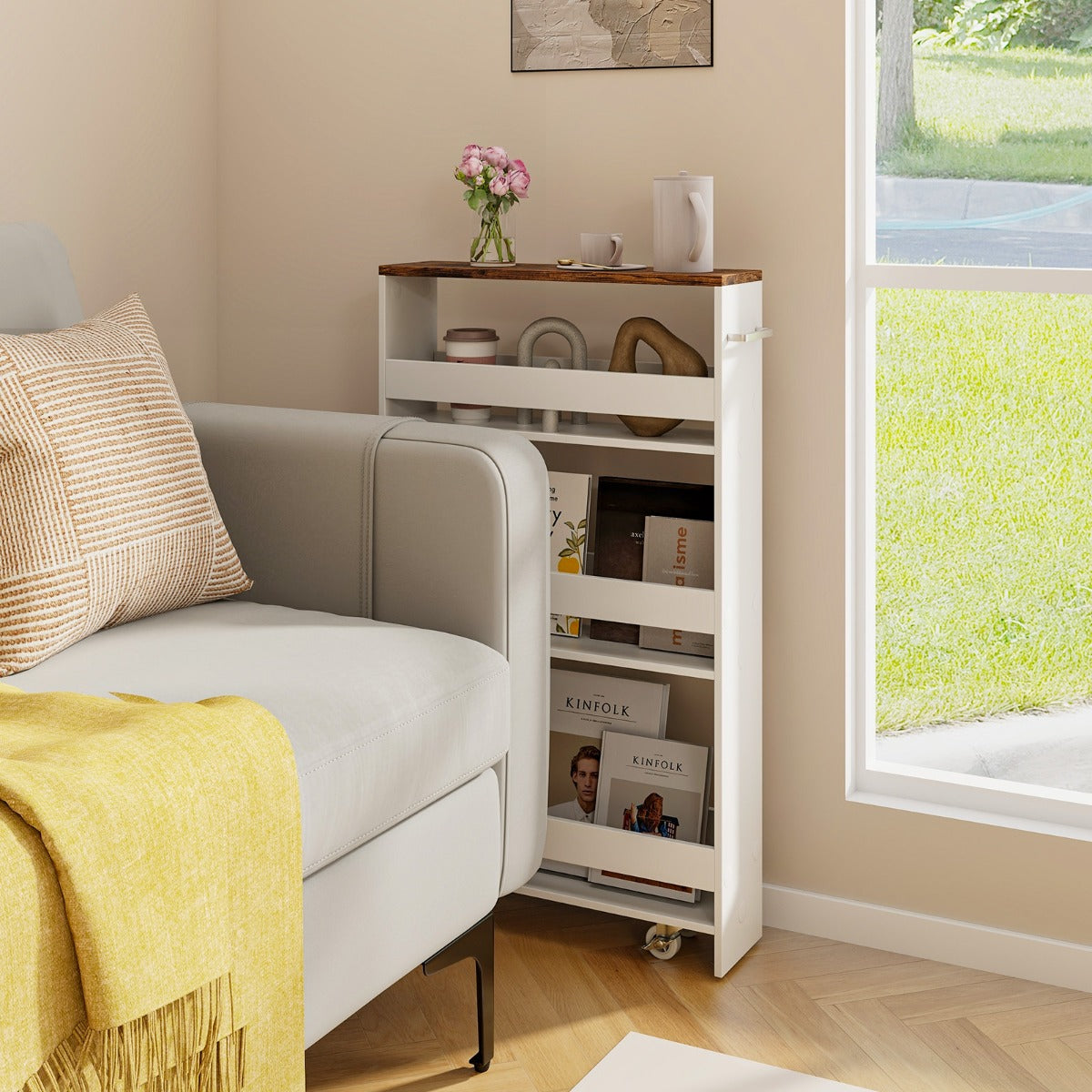 Carrello portaoggetti da cucina con maniglia ruote-Scaffale mobile salvaspazio con scaffali stretti