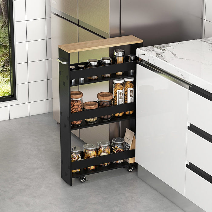 Carrello portaoggetti da cucina con maniglia ruote-Scaffale mobile salvaspazio con scaffali stretti Nero