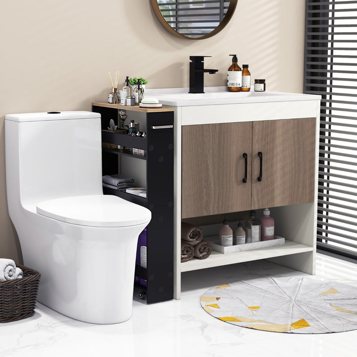 Carrello portaoggetti da cucina con maniglia ruote-Scaffale mobile salvaspazio con scaffali stretti Nero