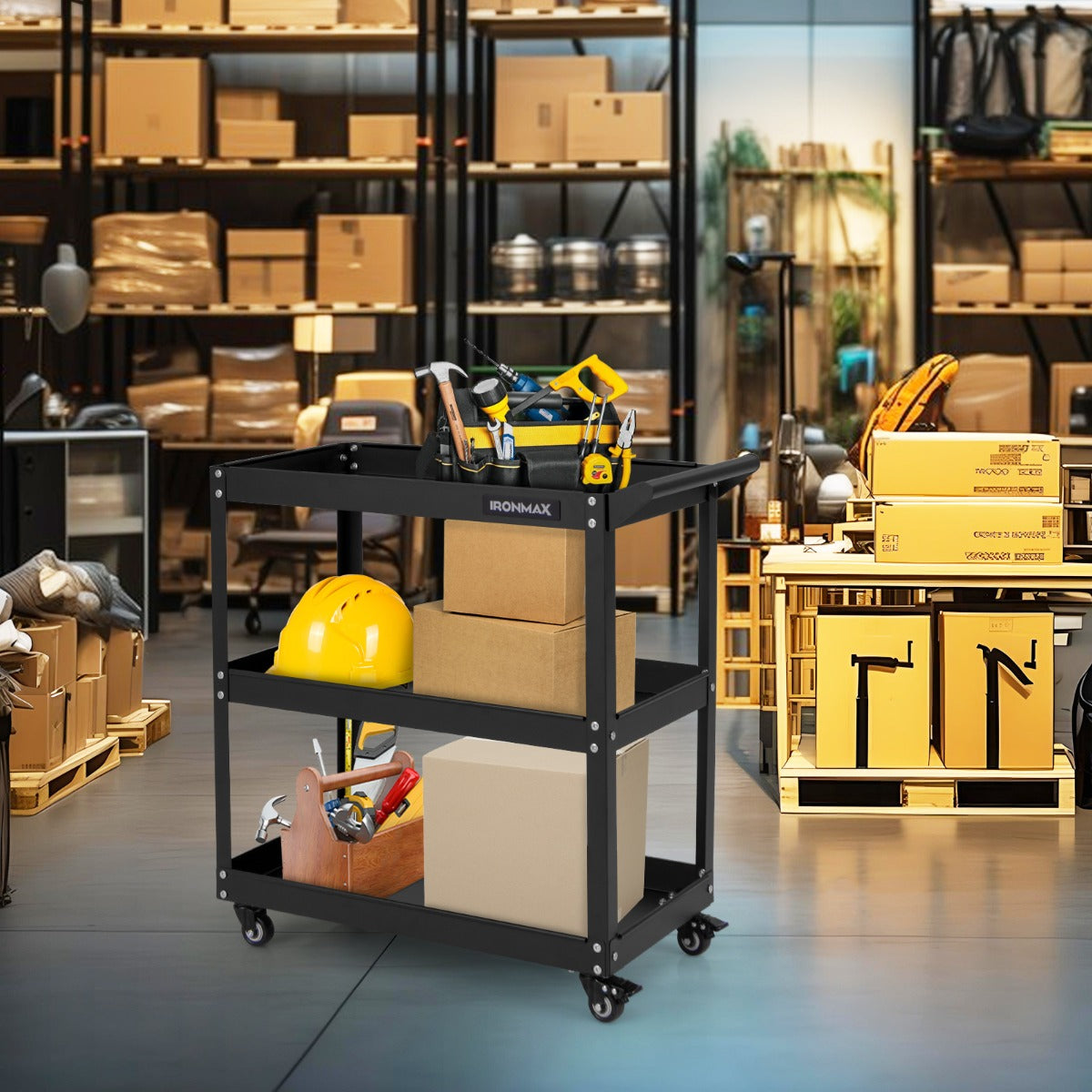 Carrello portautensili a 3 livelli con 4 ruote universali con 2 freni, Carrello metallico resistente per garage Nero-Deposito utensili Tool