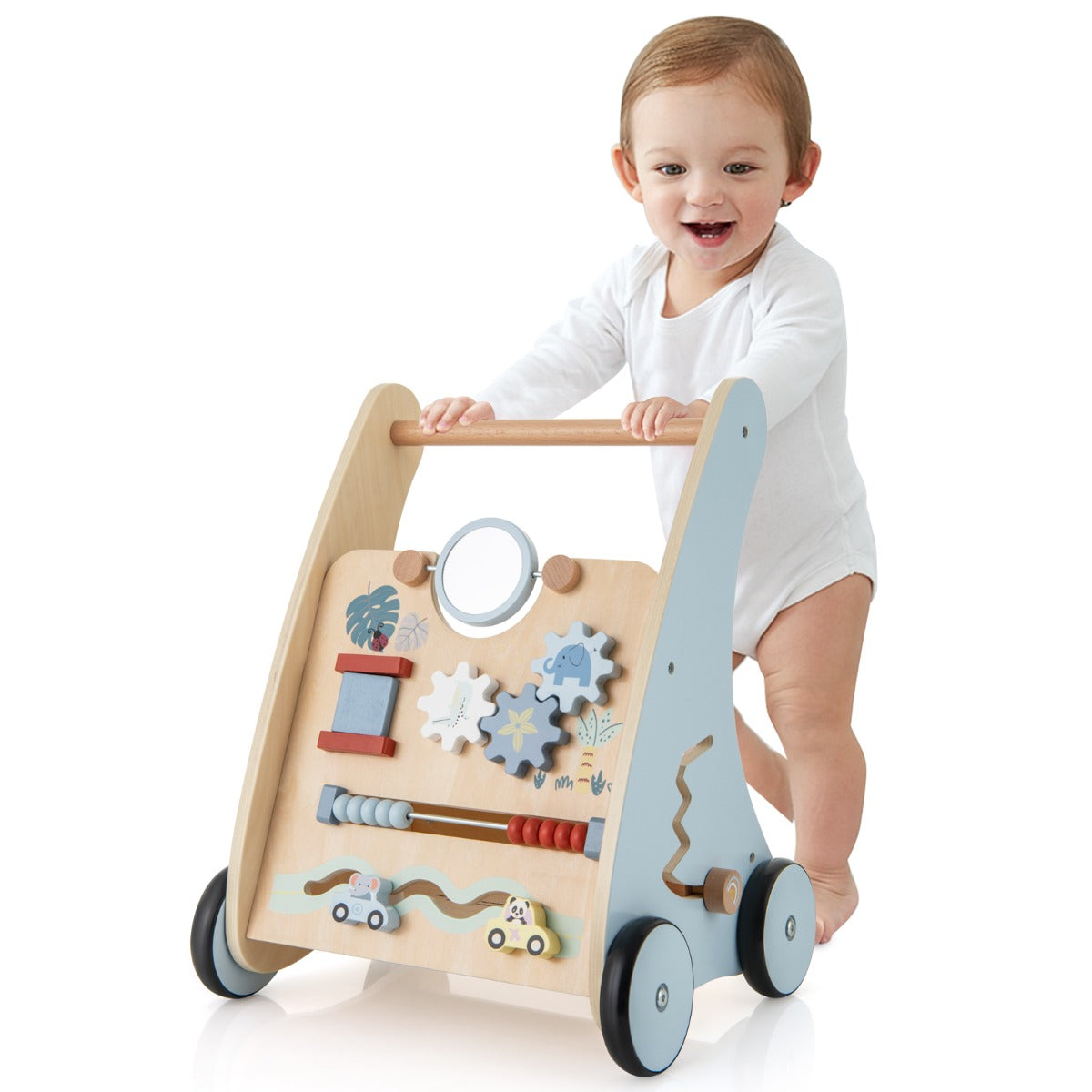 Carrello primi passi per bambini di legno, Camminatore da spinta con centro di apprendimento multiattivit¨¤ 35x31x46cm-Primi passi
