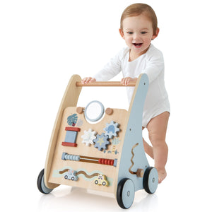 Carrello primi passi per bambini di legno, Camminatore da spinta con centro di apprendimento multiattivit¨¤ 35x31x46cm-Primi passi