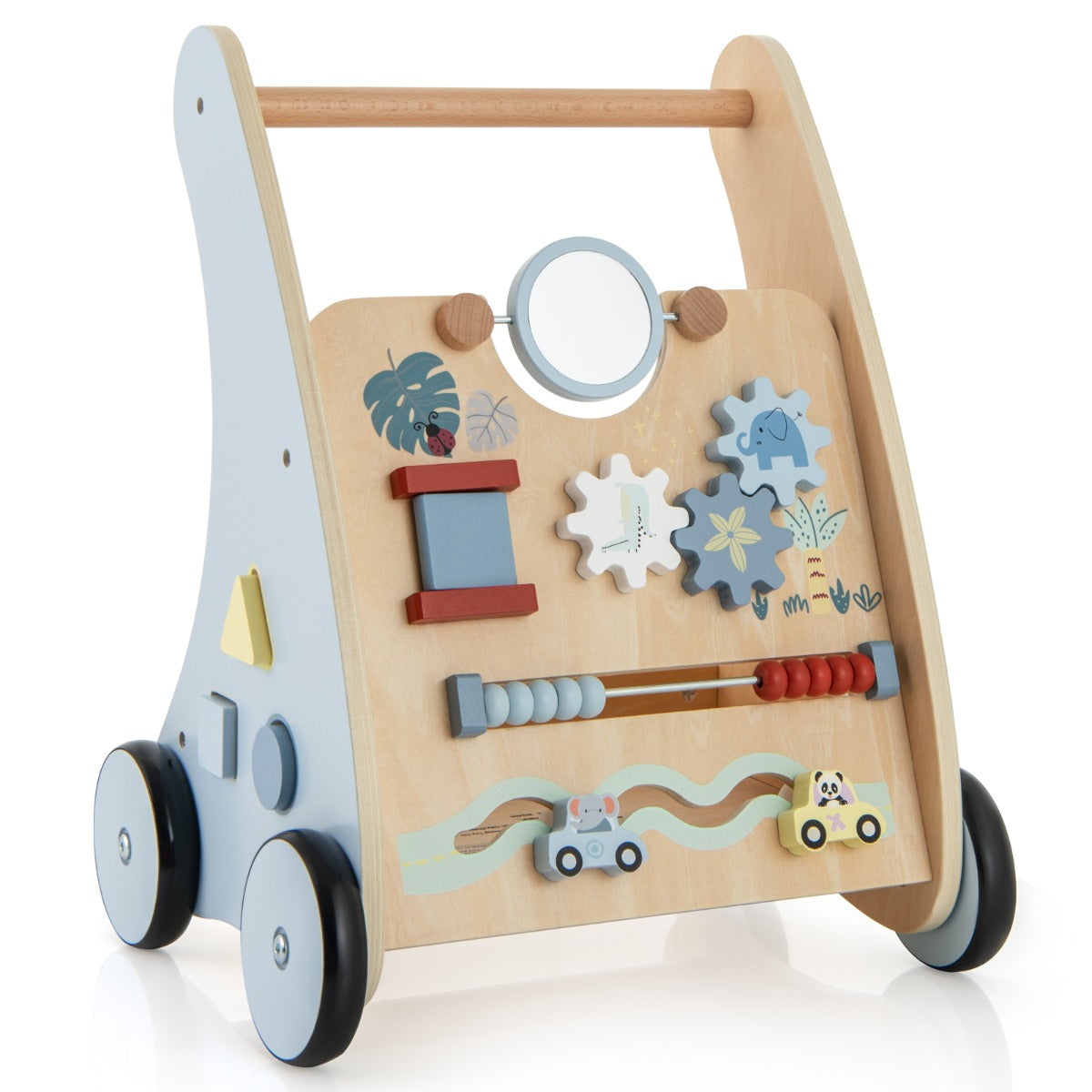 Carrello primi passi per bambini di legno, Camminatore da spinta con centro di apprendimento multiattivit¨¤ 35x31x46cm-Primi passi