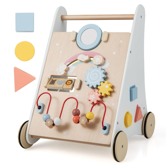 Carrello primi passi per bambini in legno 7 in 1, Primi passi per spingere e tirare con giochi educativi Bianco-Primi passi