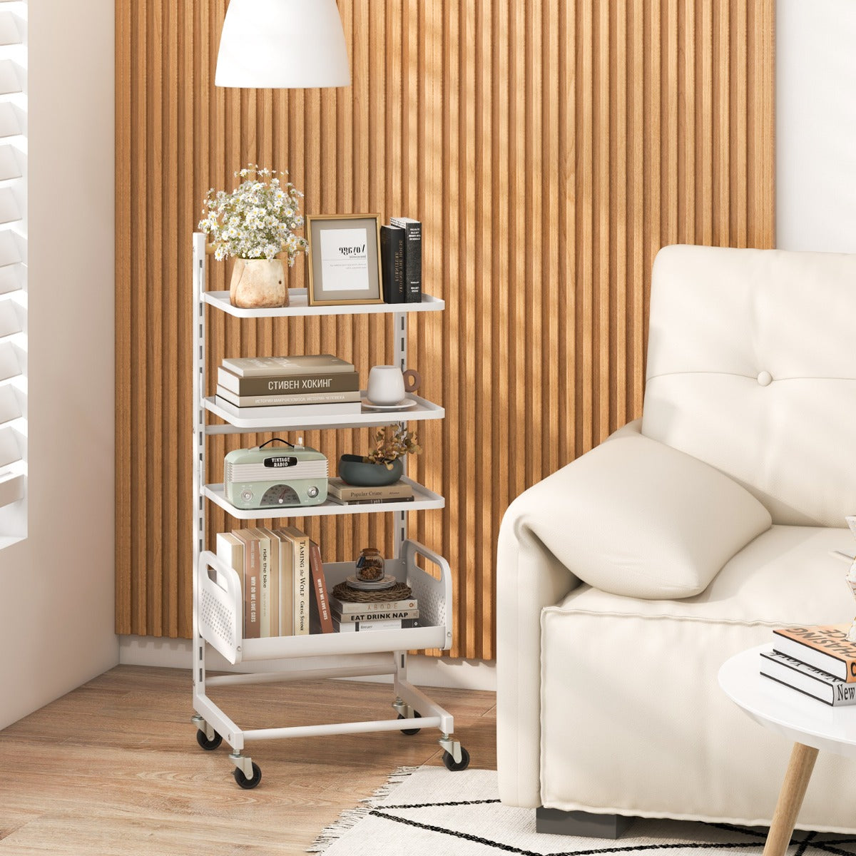 Carrello rotante multiuso a 4 ripiani-Carrello portaoggetti in metallo con ripiani regolabili ruote bloccabili Bianco