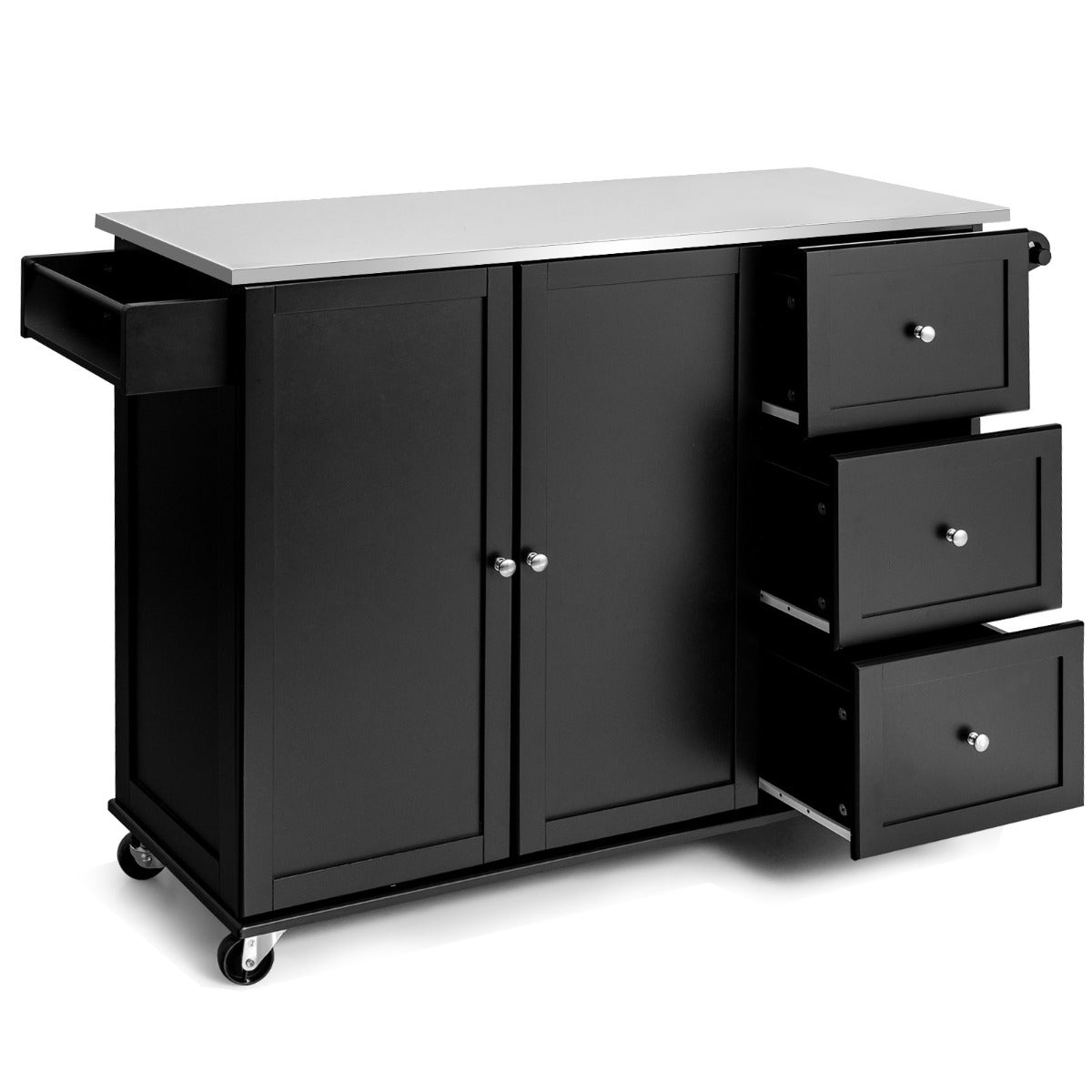 Carrello rotante da cucina con piano in acciaio 3 cassetti 2 ante ripiani regolabili-Carrello per isola Nero