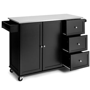 Carrello rotante da cucina con piano in acciaio 3 cassetti 2 ante ripiani regolabili-Carrello per isola Nero