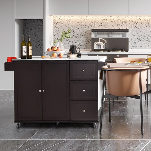 Carrello rotante da cucina con piano in acciaio 3 cassetti 2 ante ripiani regolabili, Carrello per isola Marrone scuro-Carrelli