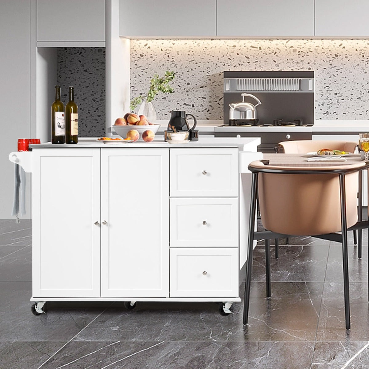 Carrello rotante da cucina con piano in acciaio 3 cassetti 2 ante ripiani regolabili-Carrello per isola Bianco