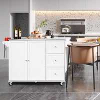 Carrello rotante da cucina con piano in acciaio 3 cassetti 2 ante ripiani regolabili-Carrello per isola Bianco