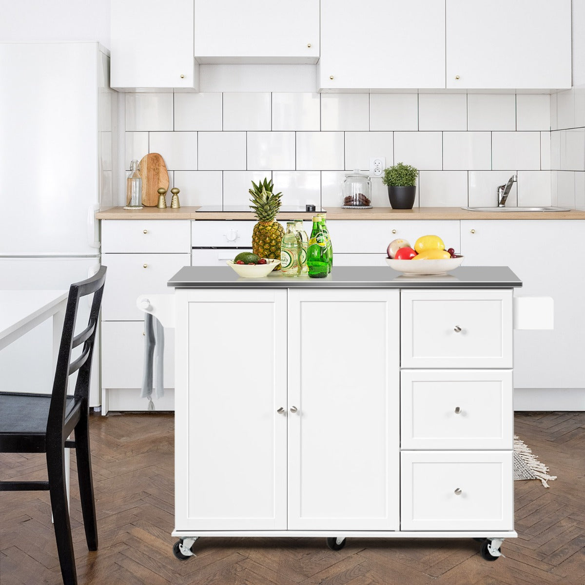 Carrello rotante da cucina con piano in acciaio 3 cassetti 2 ante ripiani regolabili-Carrello per isola Bianco