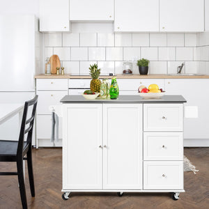 Carrello rotante da cucina con piano in acciaio 3 cassetti 2 ante ripiani regolabili-Carrello per isola Bianco