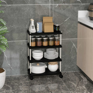 Carrello sottile a 4 piani con ruote bloccabili ganci laterali, Mobiletto per bagno e cucina estraibile Nero-Carrelli