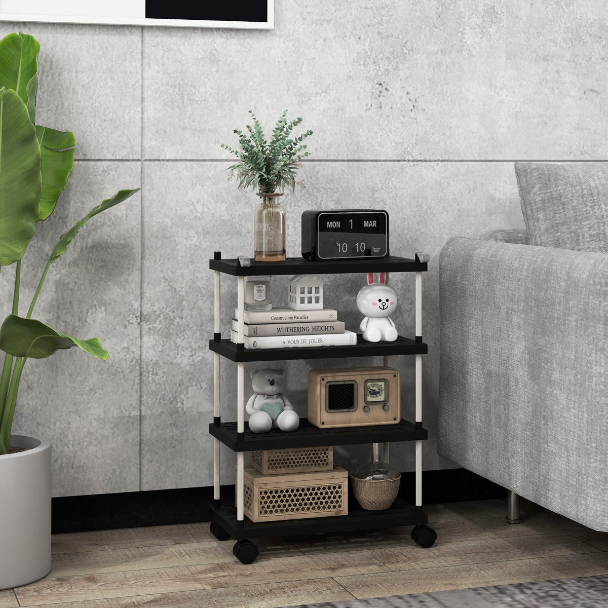 Carrello sottile a 4 piani con ruote bloccabili ganci laterali, Mobiletto per bagno e cucina estraibile Nero-Carrelli