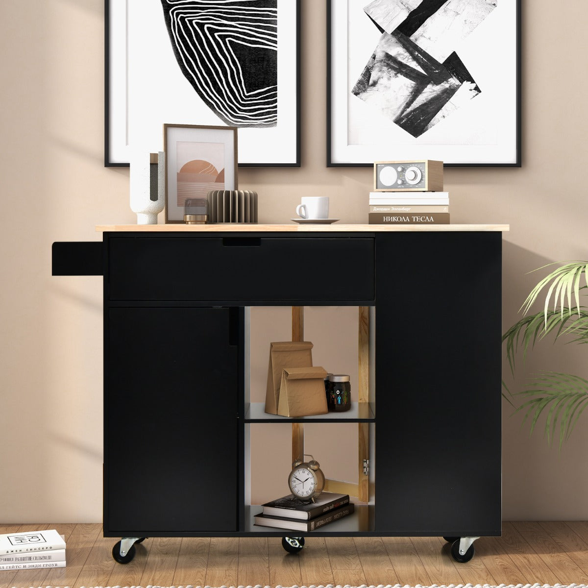 Carrello su ruote bloccabili con piano in legno di gomma cassetto, Isola da cucina a foglia a goccia Nero-Carrelli