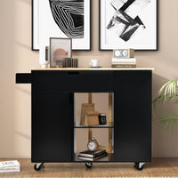 Carrello su ruote bloccabili con piano in legno di gomma cassetto, Isola da cucina a foglia a goccia Nero-Carrelli