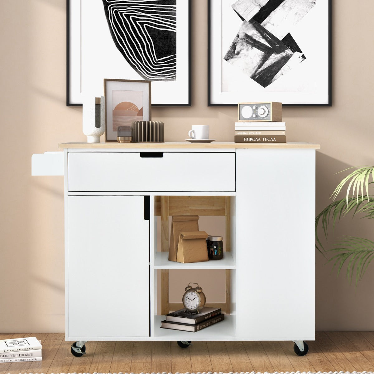 Carrello su ruote bloccabili con piano in legno di gomma cassetto, Isola da cucina a foglia a goccia Bianco-Carrelli