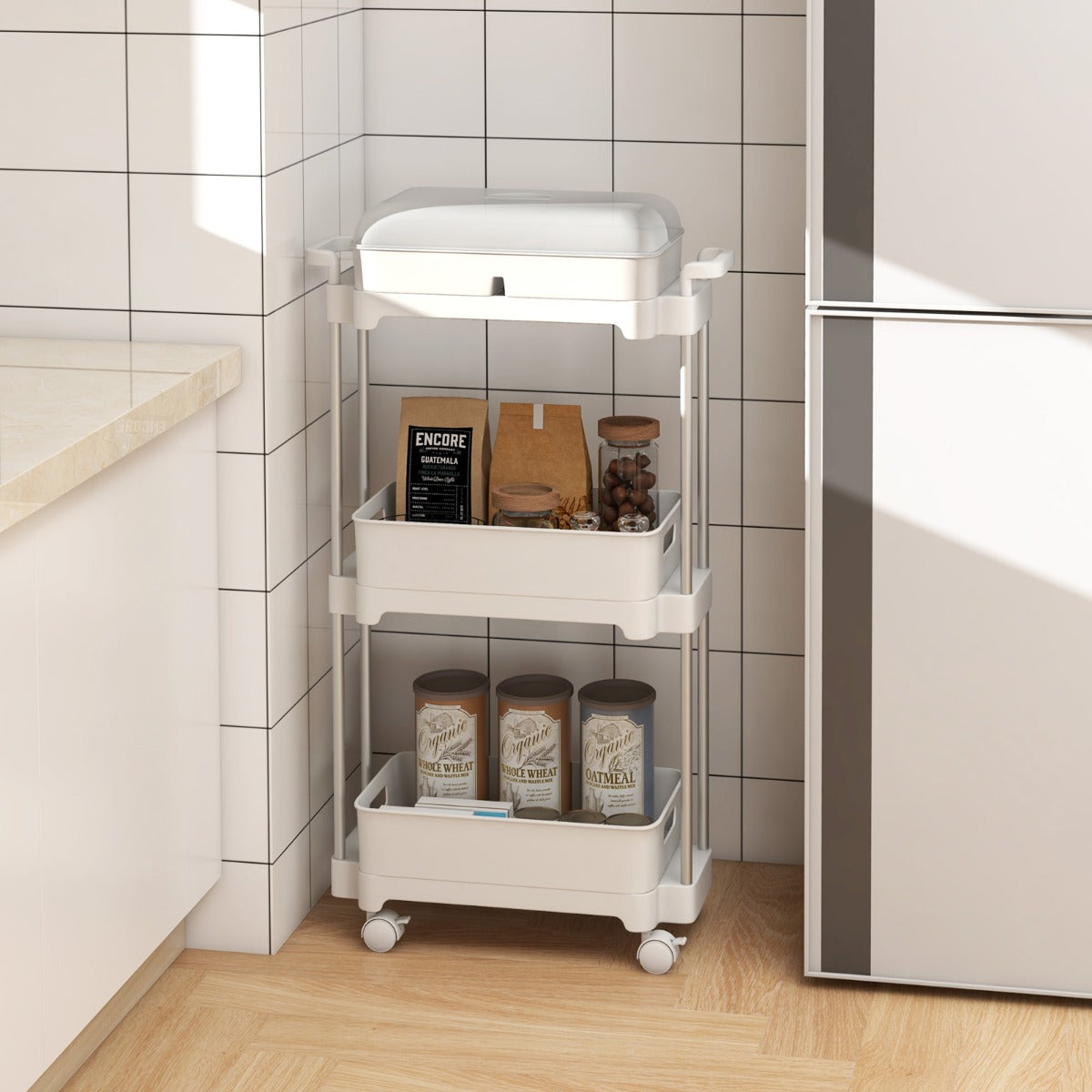 Carrello utilitario a 3 livelli con ruote bloccabili, Carrello di stoccaggio con coperchio e scaffali rimovibili Bianco-Carrelli