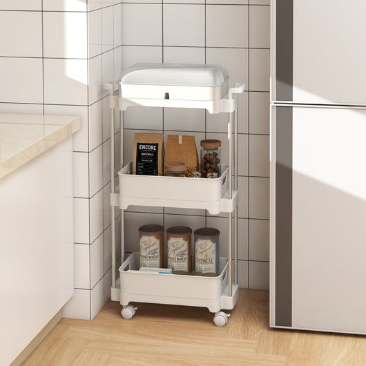 Carrello utilitario a 3 livelli con ruote bloccabili, Carrello di stoccaggio con coperchio e scaffali rimovibili Bianco-Carrelli