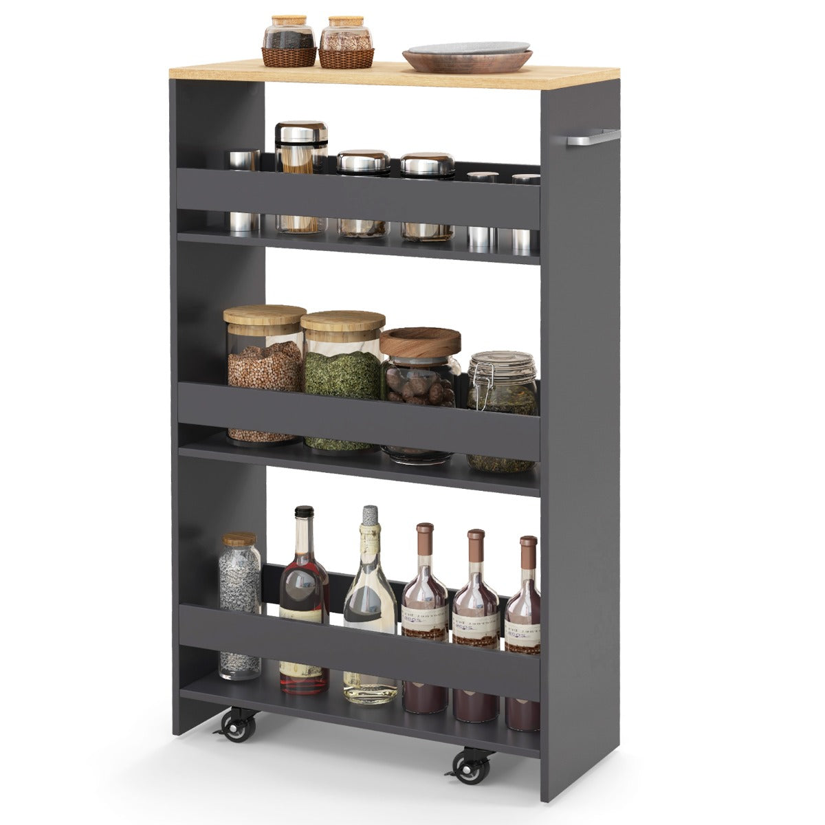 Carrello sottile da 20cm con ruote e ripiani aperti-Carrello utilitario estraibile da cucina a 4 ripiani Grigio