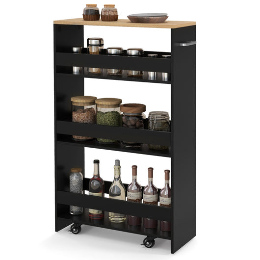 Carrello sottile da 20cm con ruote e ripiani aperti-Carrello utilitario estraibile da cucina a 4 ripiani Nero