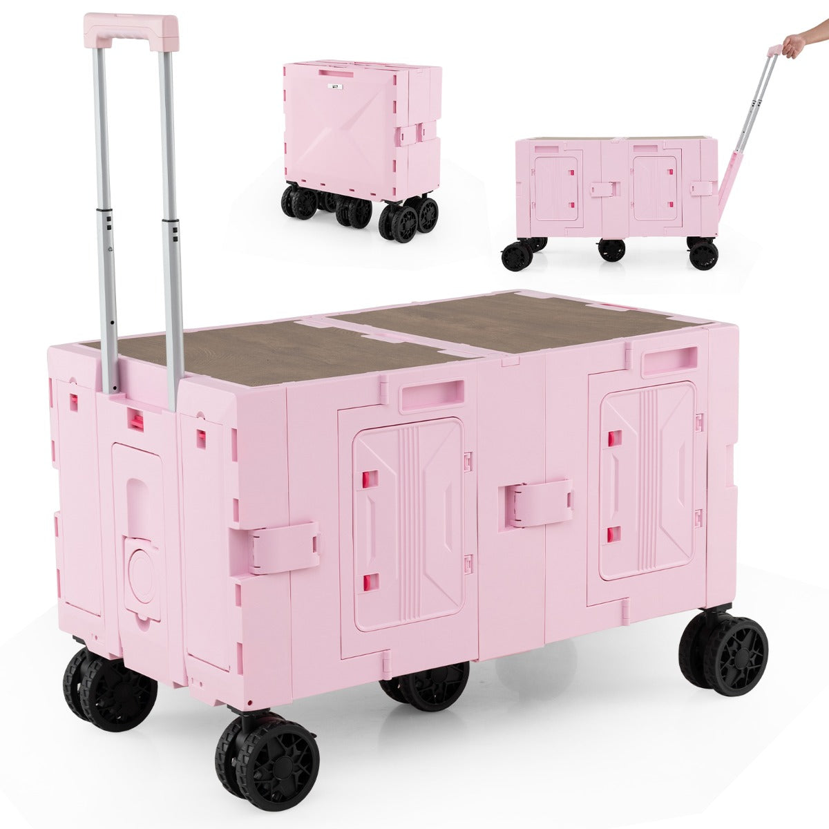 Carrello utilitario pieghevole grande con armadio a 2 livelli 5 ruote rotanti-Carrello a rulli portatile per spesa manico telescopico in metallo Rosa