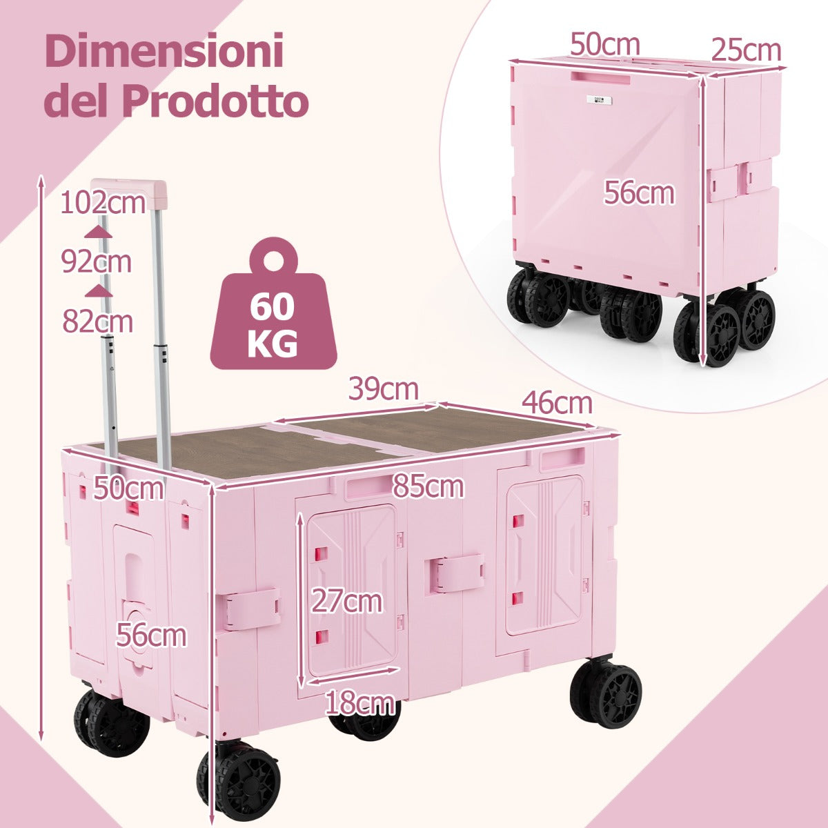 Carrello utilitario pieghevole grande con armadio a 2 livelli 5 ruote rotanti-Carrello a rulli portatile per spesa manico telescopico in metallo Rosa