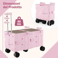 Carrello utilitario pieghevole grande con armadio a 2 livelli 5 ruote rotanti-Carrello a rulli portatile per spesa manico telescopico in metallo Rosa