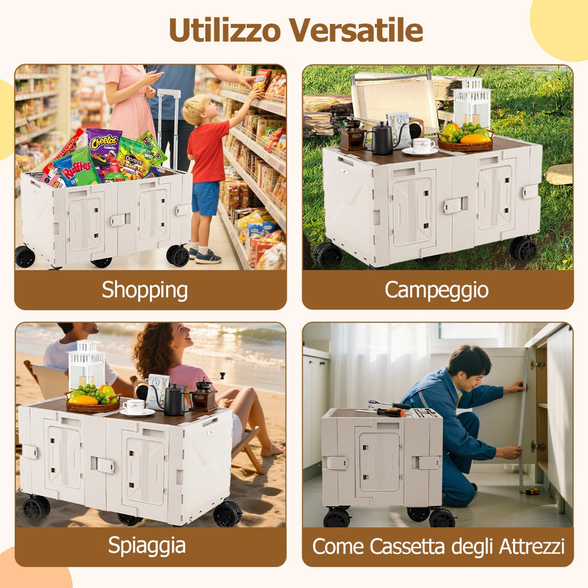 Carrello utilitario pieghevole grande con armadio a 2 livelli 5 ruote rotanti-Carrello a rulli portatile per spesa manico telescopico Bianco