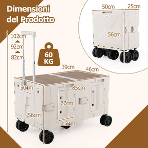 Carrello utilitario pieghevole grande con armadio a 2 livelli 5 ruote rotanti-Carrello a rulli portatile per spesa manico telescopico Bianco