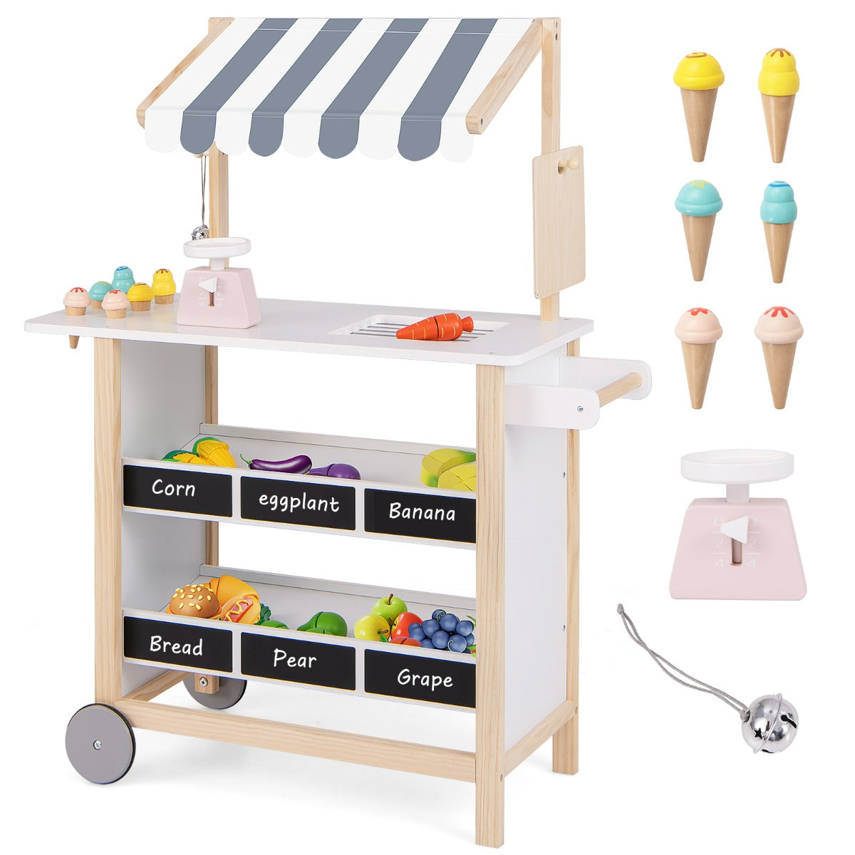 Carretto dei gelati con ripiani di legno per bambini +3 anni, Supermercato per bambini con 6 gelati giocattolo Bianco e Grigio-Cucine giocattoli