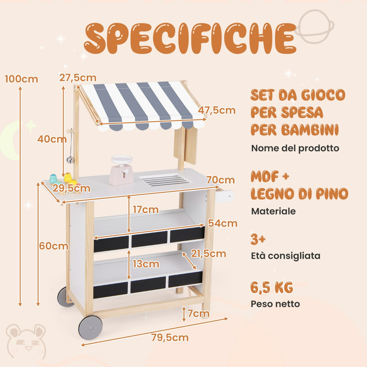 Carretto dei gelati con ripiani di legno per bambini +3 anni, Supermercato per bambini con 6 gelati giocattolo Bianco e Grigio-Cucine giocattoli