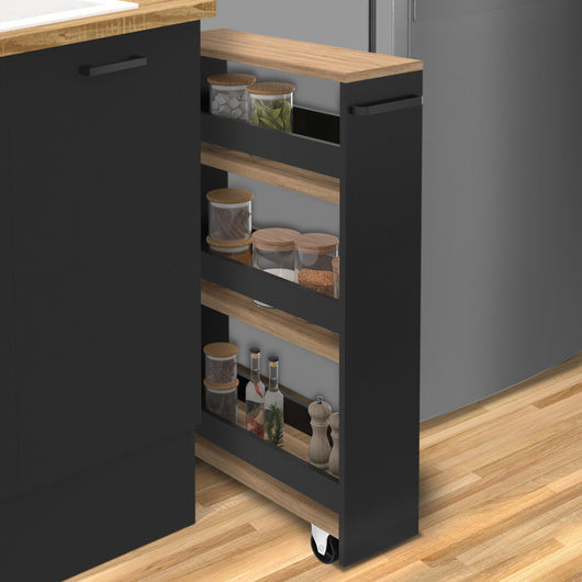 IDMarket - Carro de cocina especiero negro y madera con ruedas