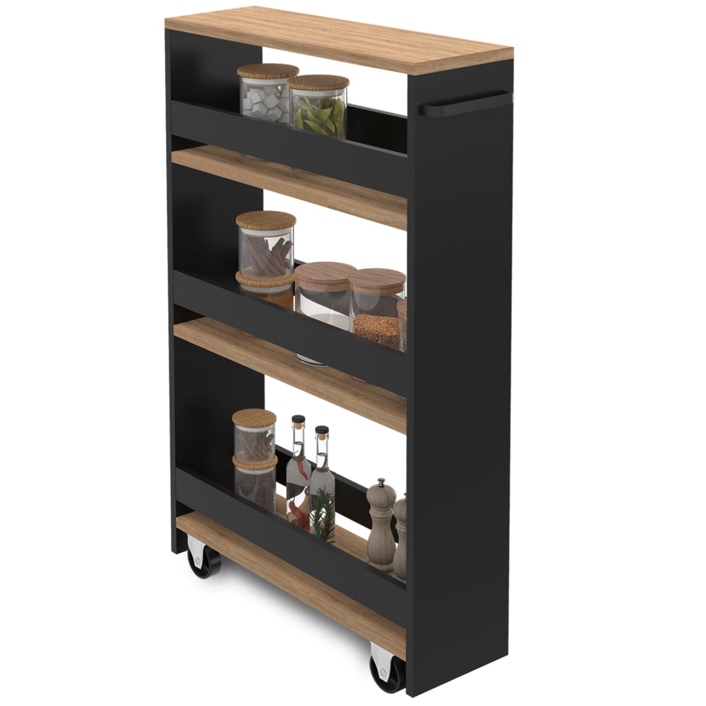 IDMarket - Carro de cocina especiero negro y madera con ruedas