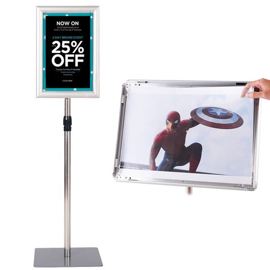 A4 supporti da piedistallo autoportante poster stand in metallo girevole, Supporti da piedistallo regolabile 73-123cm Argento-Espositore pubblicitario