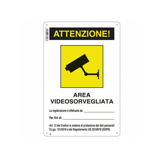 Cartello Area Videosorvegliata 20X 30 Alluminio