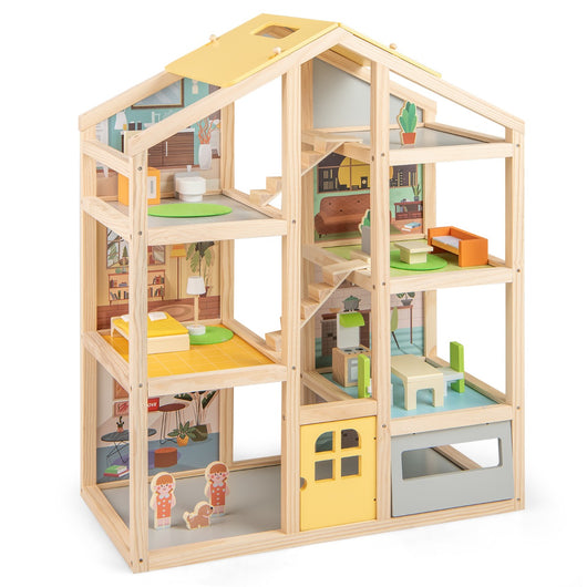 Casa delle famiglie moderne con mobili e figure con garage e porta apribile, Casa delle bambole in legno per bambini Naturale-Cucine giocattoli