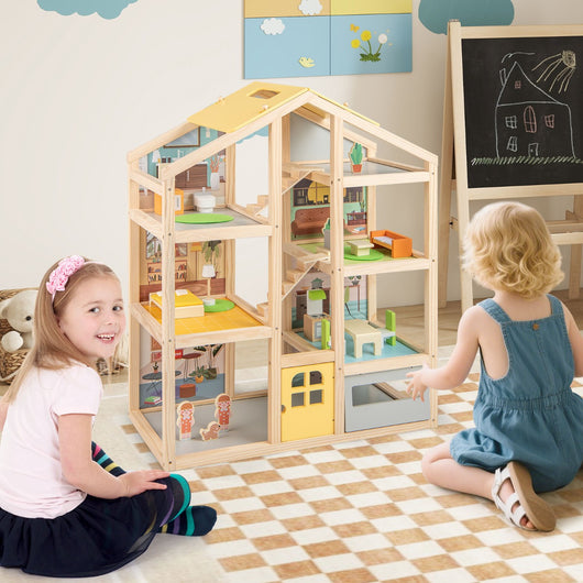 Casa delle famiglie moderne con mobili e figure con garage e porta apribile, Casa delle bambole in legno per bambini Naturale-Cucine giocattoli