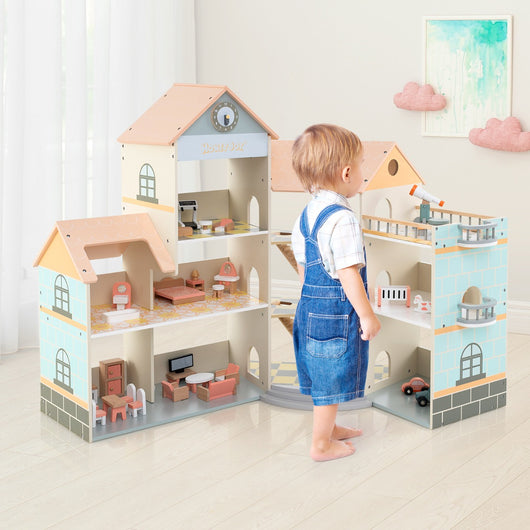 Casa delle bambole con tetto arancione con 41 mobili e accessori, Casetta delle bambole ad angolo in legno-Tende e Casette per bambini