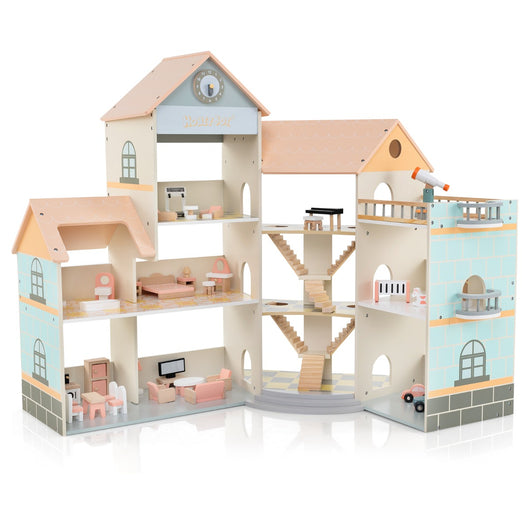 Casa delle bambole con tetto arancione con 41 mobili e accessori, Casetta delle bambole ad angolo in legno-Tende e Casette per bambini