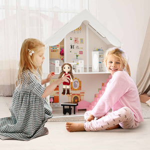 Casa delle bambole in legno per bambini con stanze e set di mobili 2 grandi lucernari, Casa delle bambole 81x30x86cm Bianco-Case e cucine giocattoli