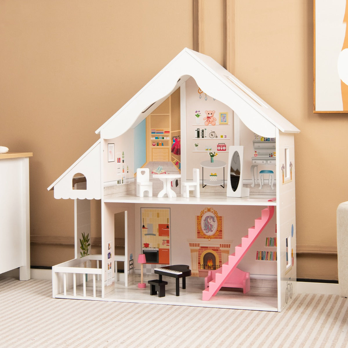 Casa delle bambole in legno per bambini con stanze e set di mobili 2 grandi lucernari, Casa delle bambole 81x30x86cm Bianco-Case e cucine giocattoli