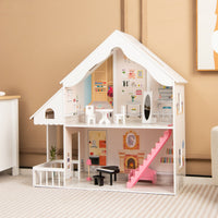 Casa delle bambole in legno per bambini con stanze e set di mobili 2 grandi lucernari, Casa delle bambole 81x30x86cm Bianco-Case e cucine giocattoli