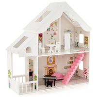 Casa delle bambole in legno per bambini con stanze e set di mobili 2 grandi lucernari, Casa delle bambole 81x30x86cm Bianco-Case e cucine giocattoli
