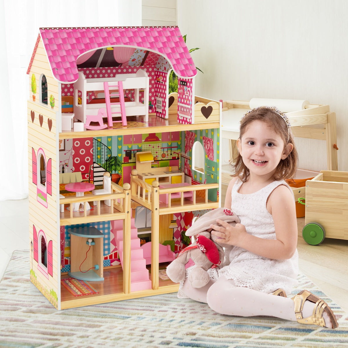 Casa delle bambole in legno per bambini, Set da gioco con 3 piani 6 stanze simulate e 15 pezzi di mobili Rosa-Cucine giocattoli